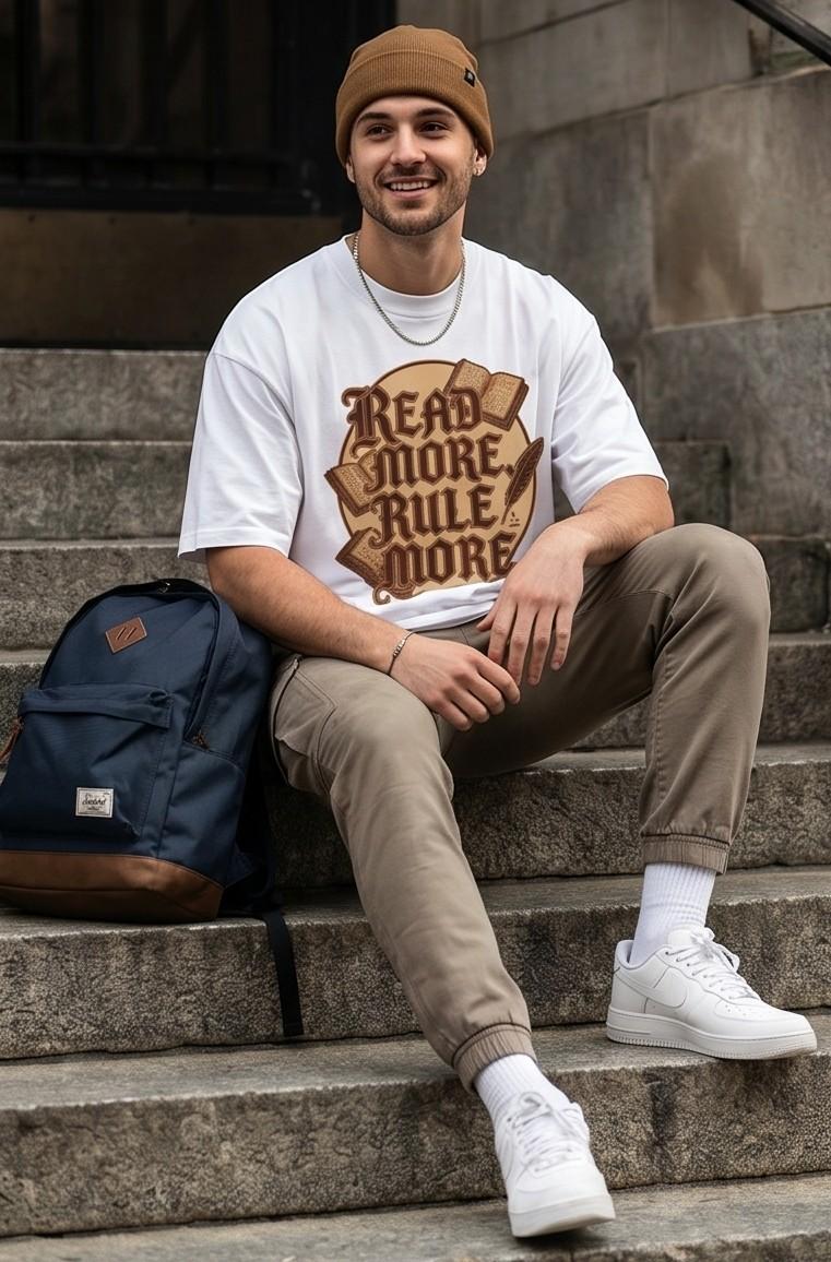 Man in brown beanie and white "Read More Rule More" t-shirt
