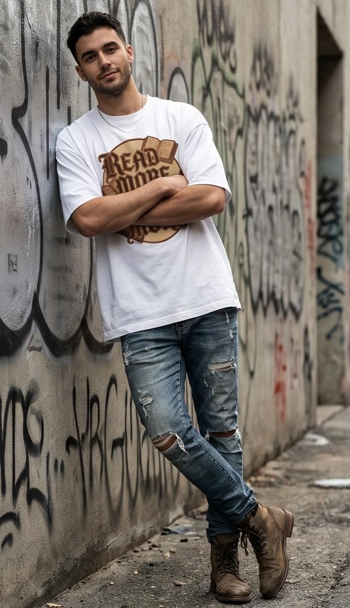 White graphic tee, distressed blue jeans, brown boots