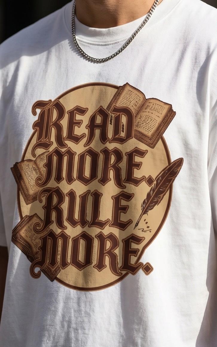 White t-shirt with brown Read More Rule More graphic