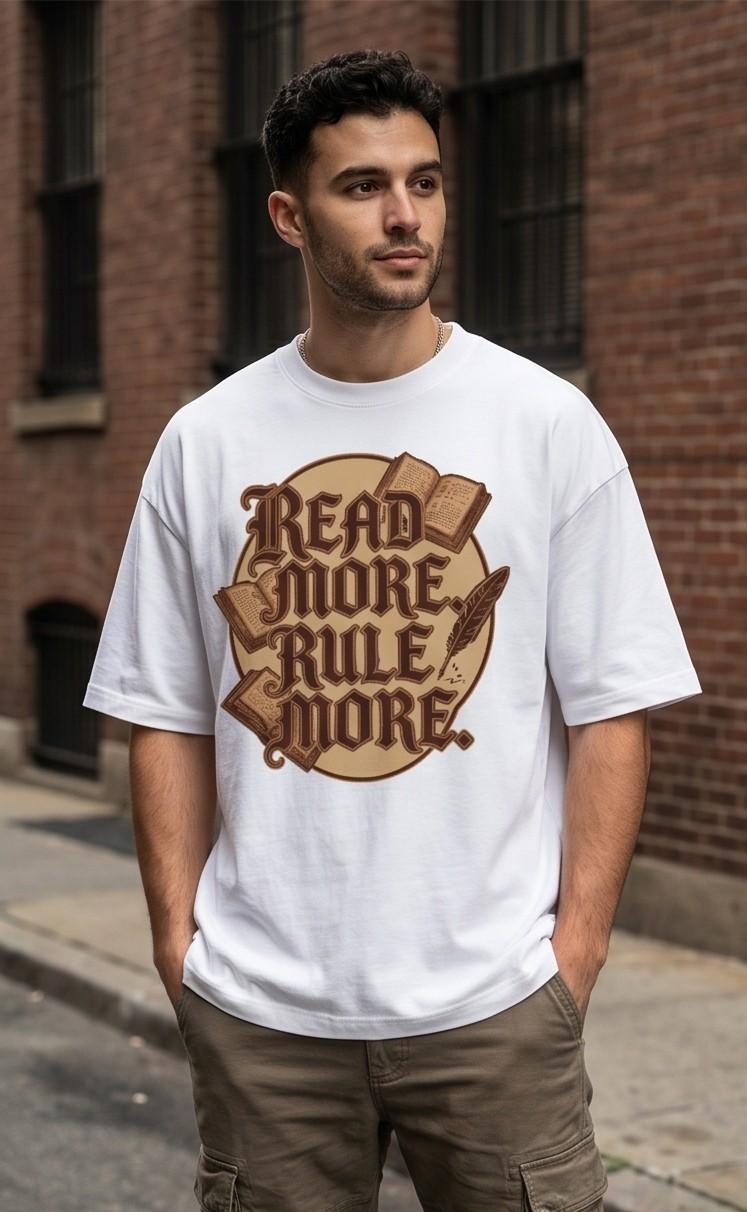 White t-shirt with "Read More Rule More" graphic