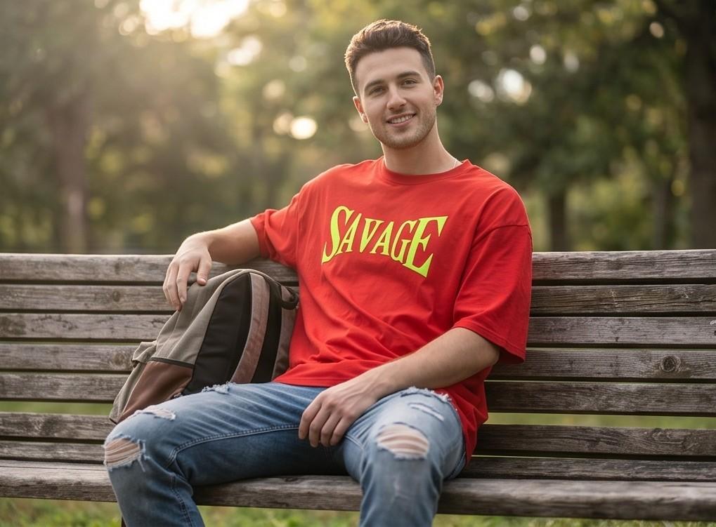 Man in red Savage t-shirt and ripped jeans on bench