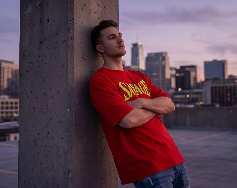 Red Savage t-shirt, blue ripped jeans, urban background