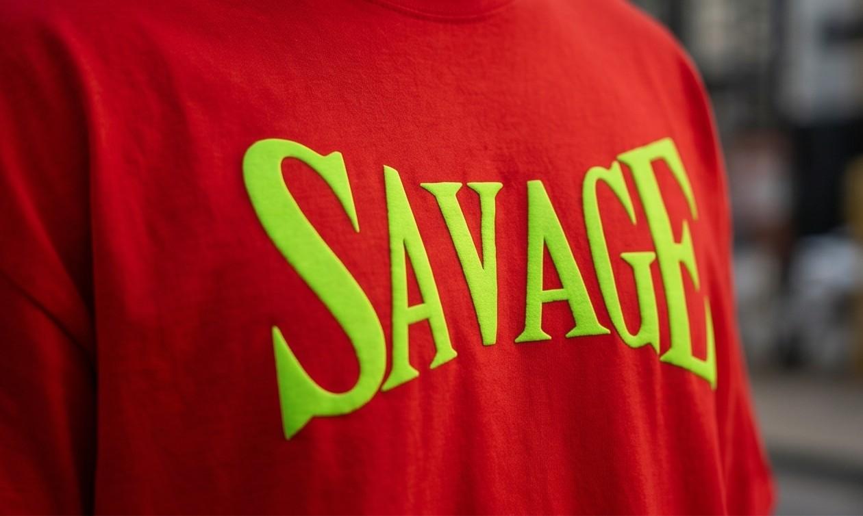 Red t-shirt with neon green "SAVAGE" text