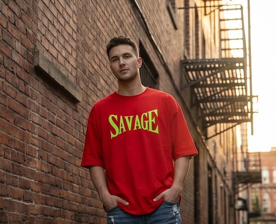 Red Savage t-shirt, blue ripped jeans, brick alleyway
