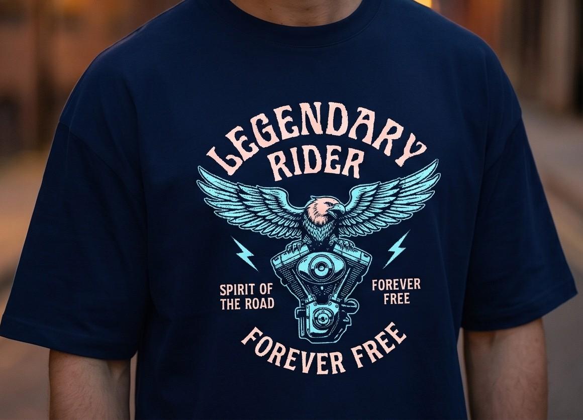 Navy blue t-shirt with eagle and motorcycle engine graphic