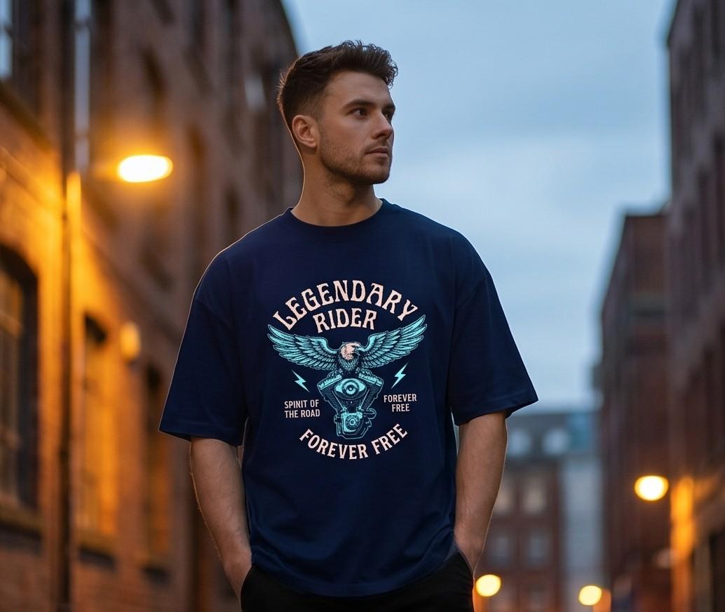 Navy blue graphic t-shirt with eagle and motorcycle engine design