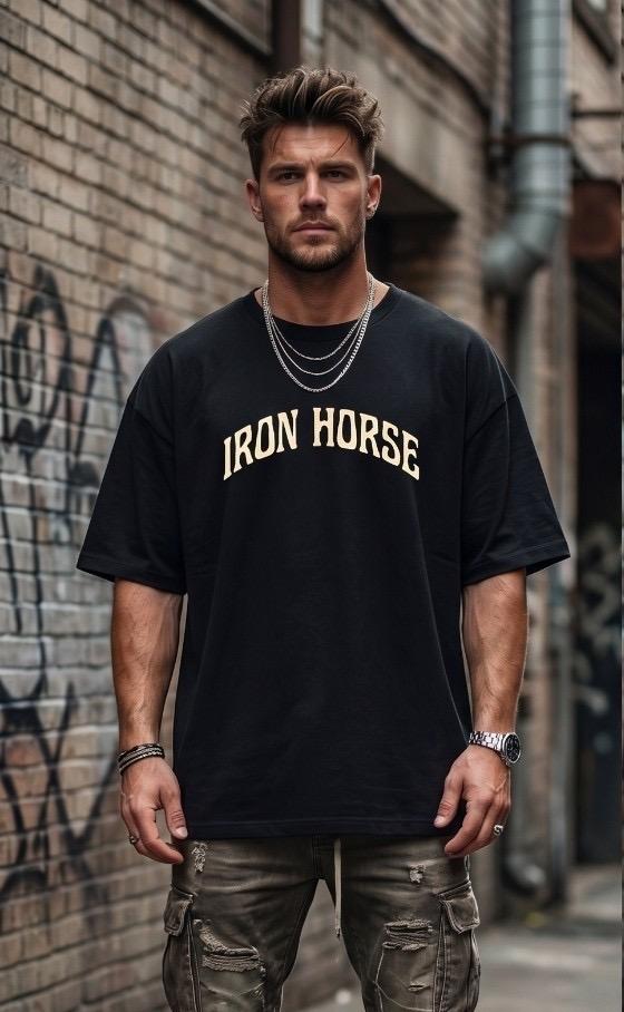 Black oversized Iron Horse t-shirt, distressed cargo pants
