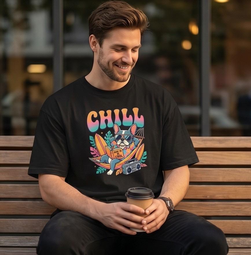 Black t-shirt with a colorful "Chill" dog graphic