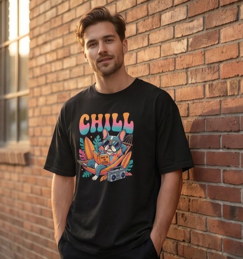 Man in black graphic tee with dog in hammock
