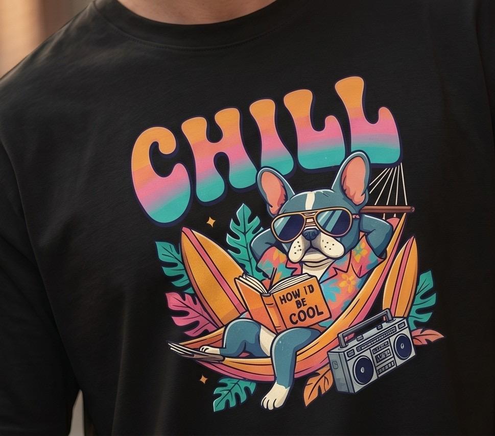 Black t-shirt with chill French bulldog graphic