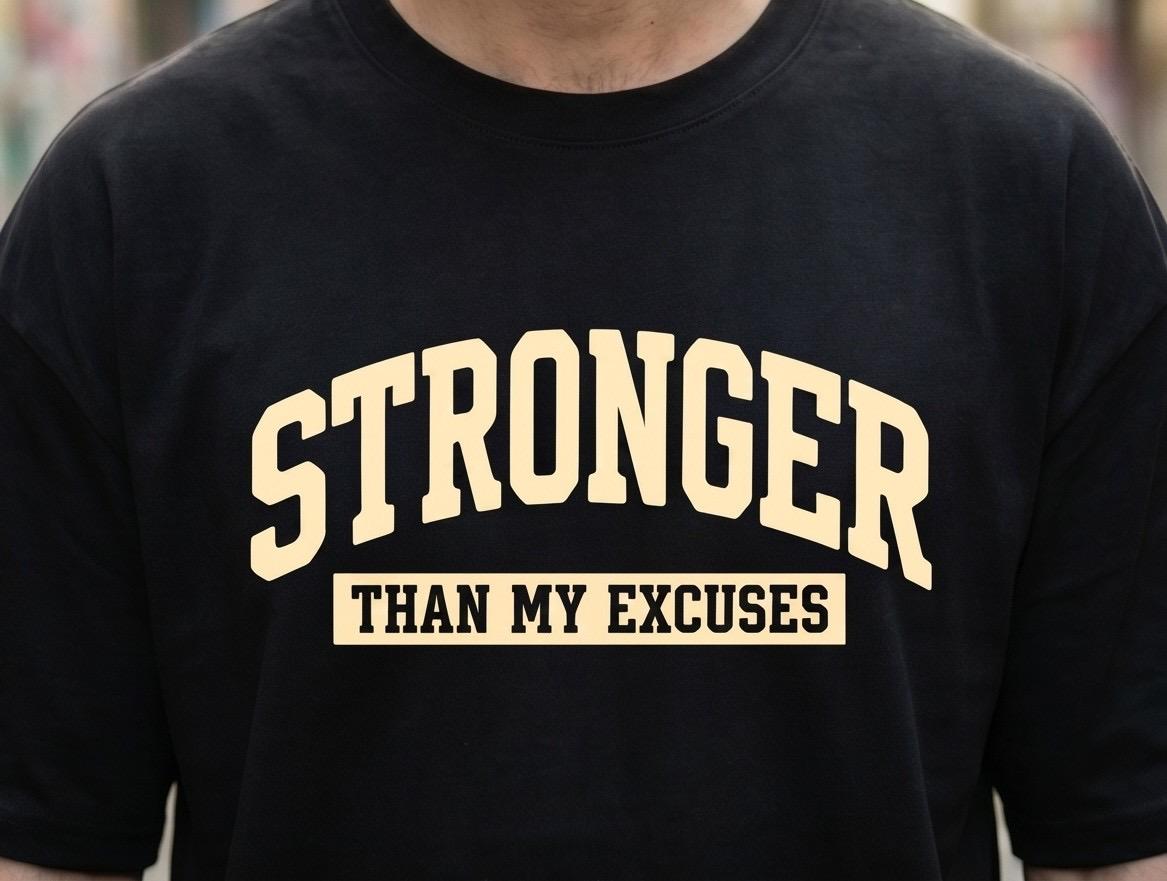 Black t-shirt with "STRONGER THAN MY EXCUSES" text