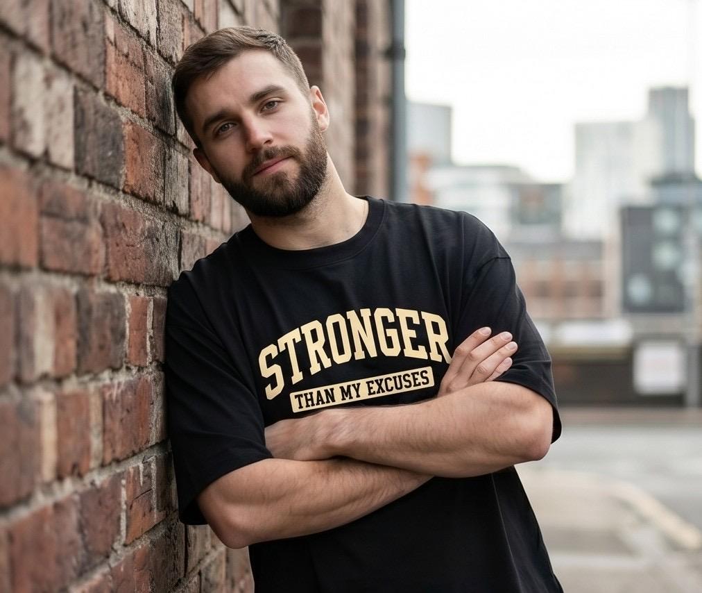 Black t-shirt with "STRONGER THAN MY EXCUSES" text