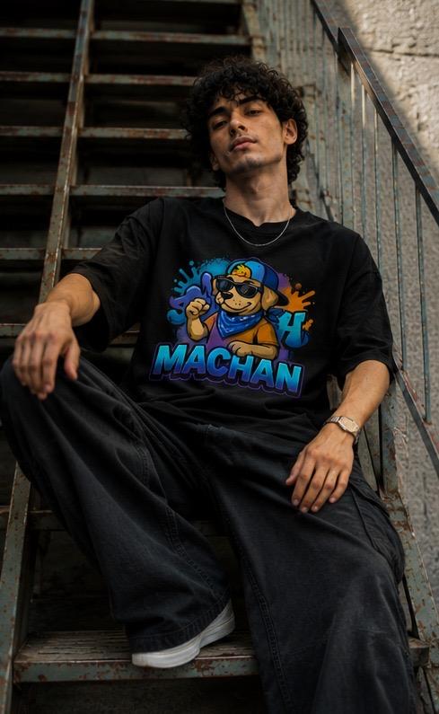 Black graphic tee with cool dog and Machan text