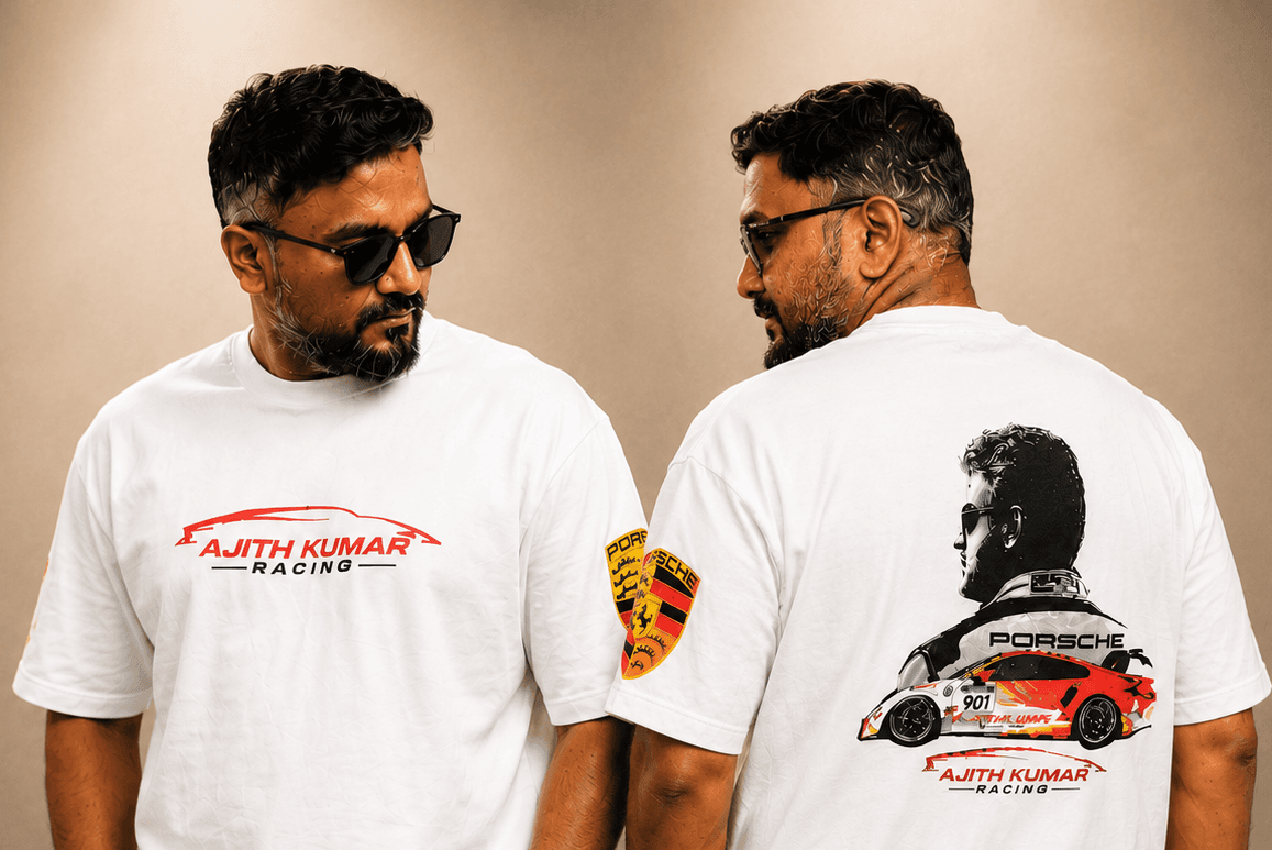 White t-shirt with Ajith Kumar Racing and Porsche designs