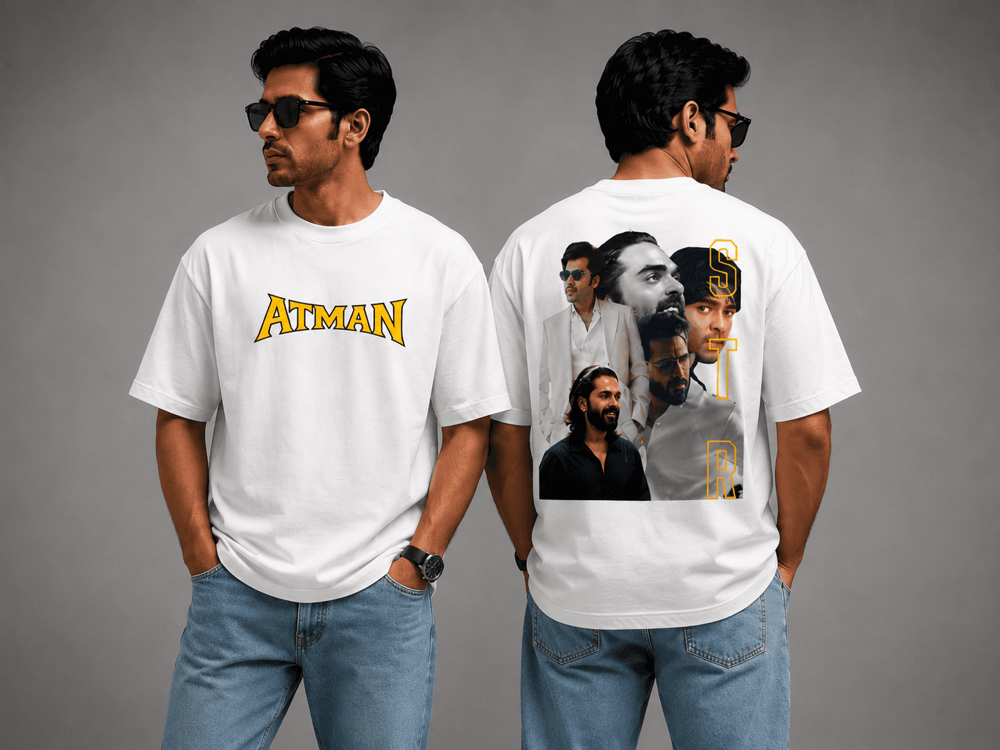 White t-shirt with "ATMAN" and celebrity collage print