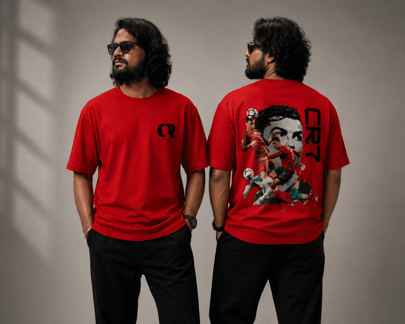 Red CR7 graphic t-shirt and black pants