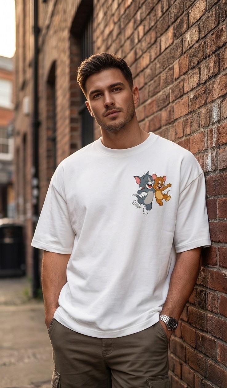 White Tom and Jerry graphic t-shirt, brown cargo shorts
