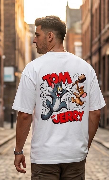 White Tom and Jerry graphic tee, brown cargo shorts