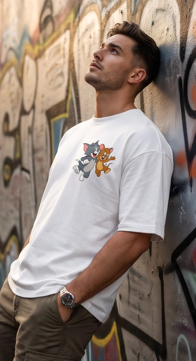 White oversized t-shirt with Tom and Jerry graphic