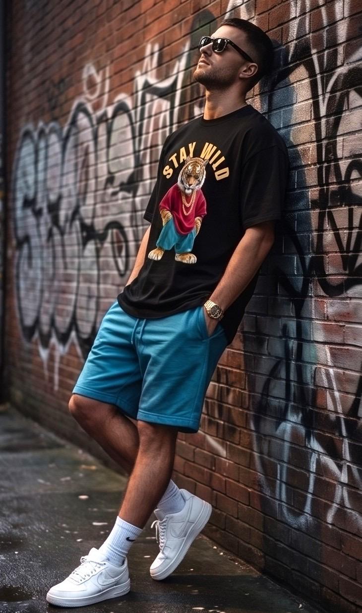 Black graphic tee, blue shorts, white sneakers, gold watch