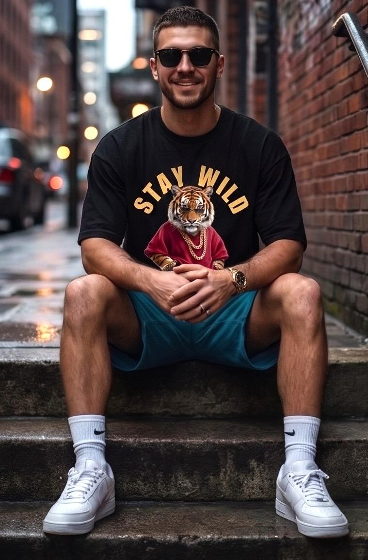 Man in black tiger graphic tee, blue shorts, white sneakers
