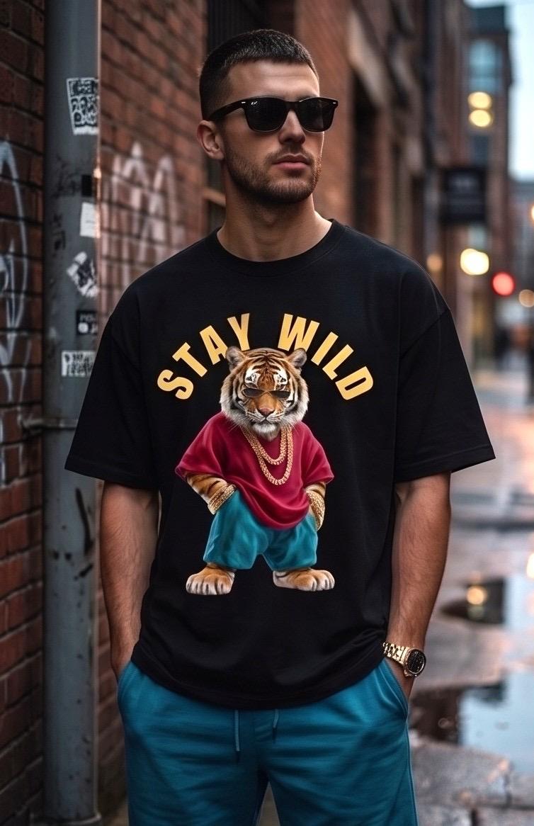 Black graphic t-shirt with tiger in red shirt and gold chains