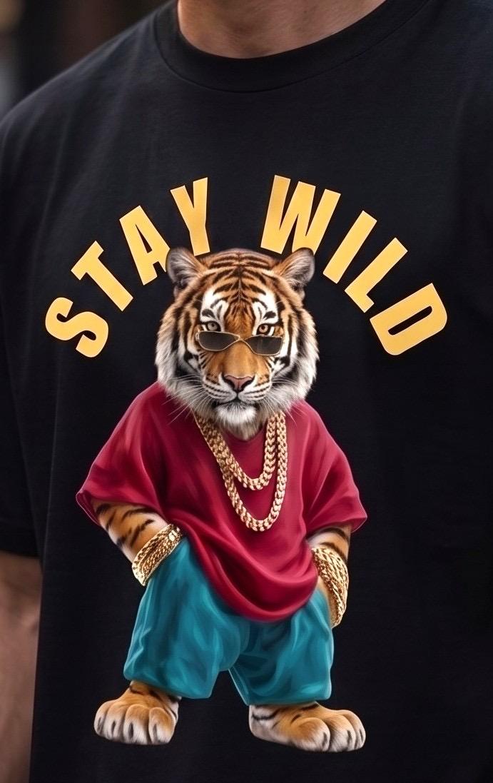 Black t-shirt with a cool tiger wearing gold chains