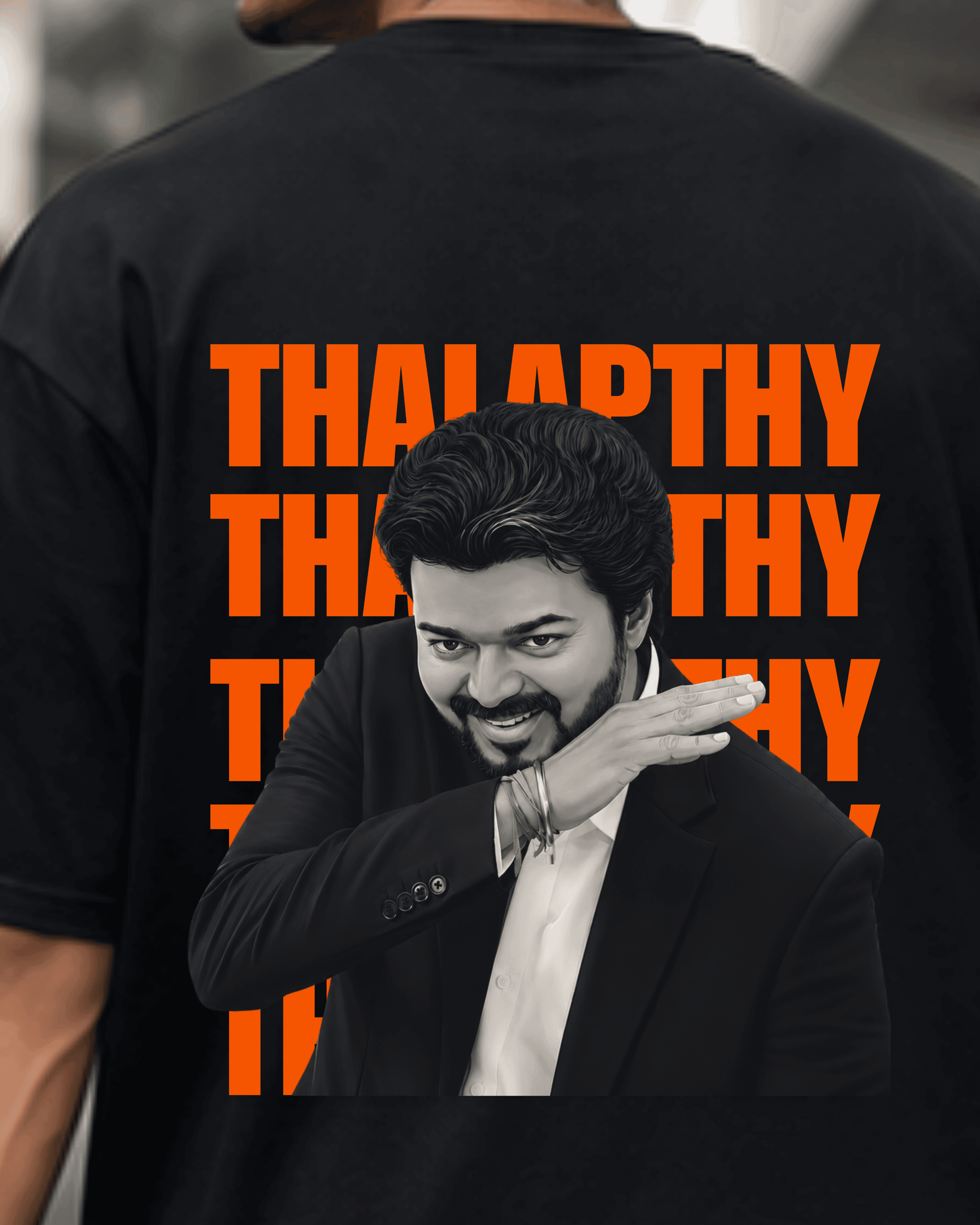 Black t-shirt with orange Thalapathy text and Vijay portrait