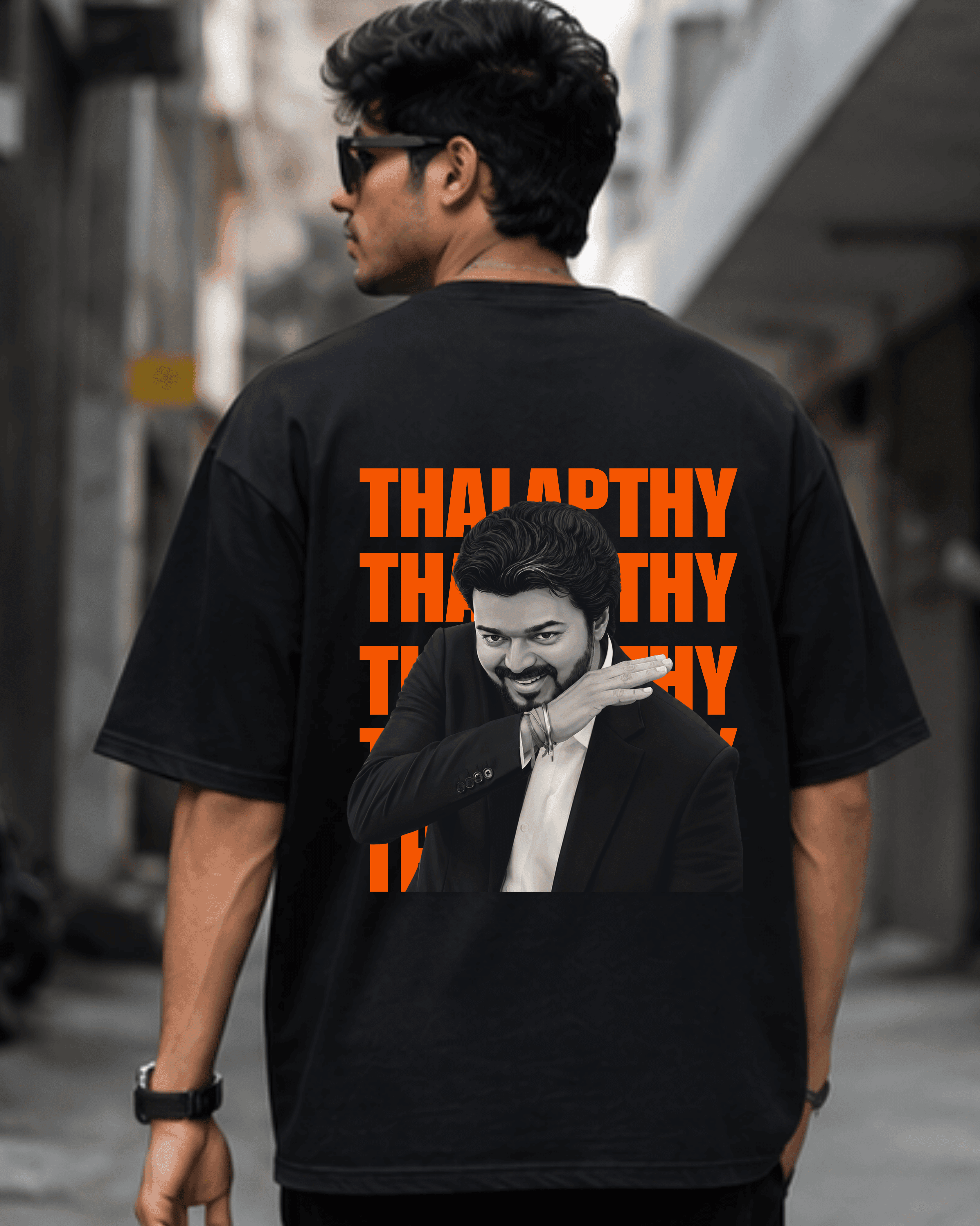 Black oversized t-shirt with orange Thalapathy Vijay print