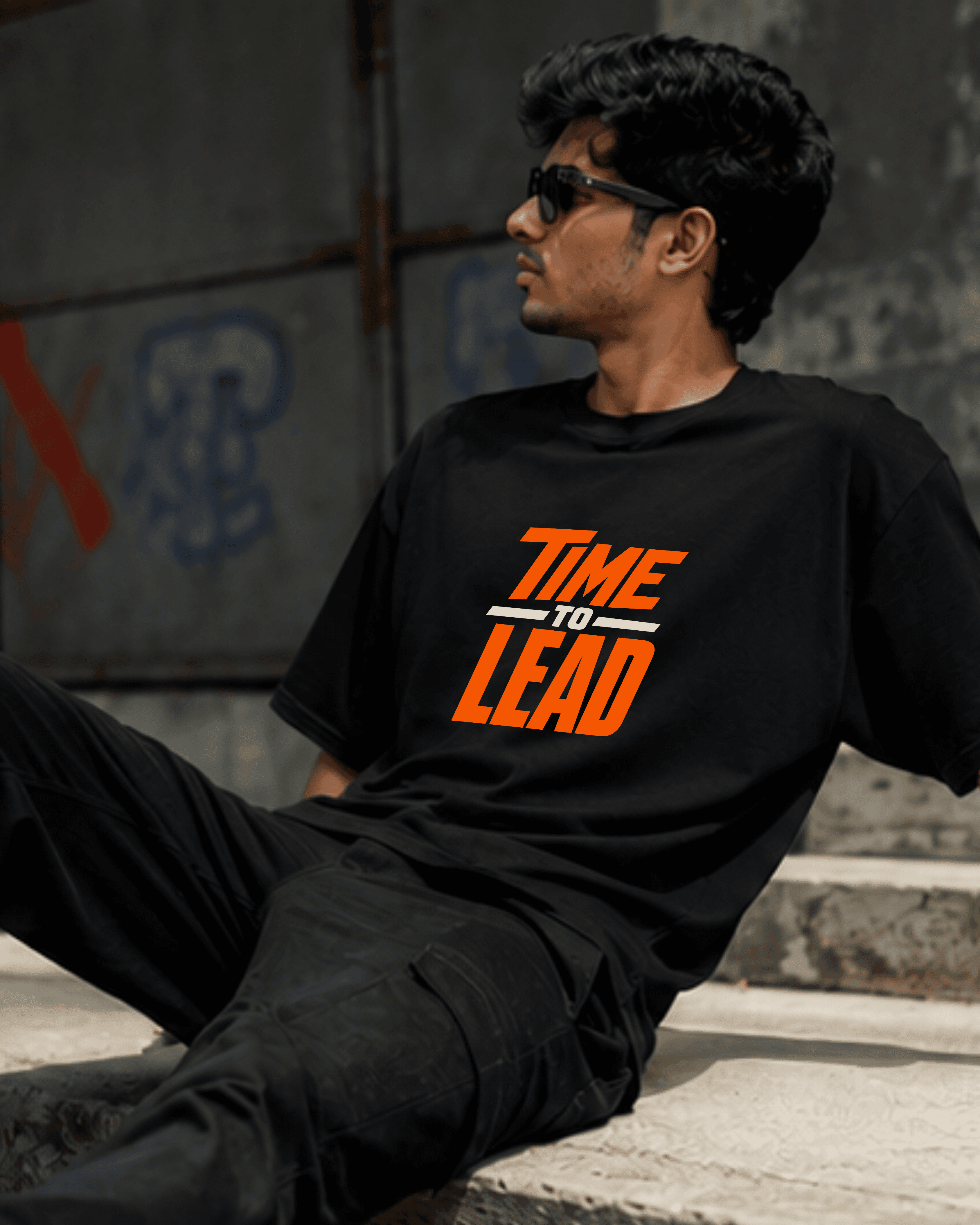 Black t-shirt with orange and white "TIME TO LEAD" text