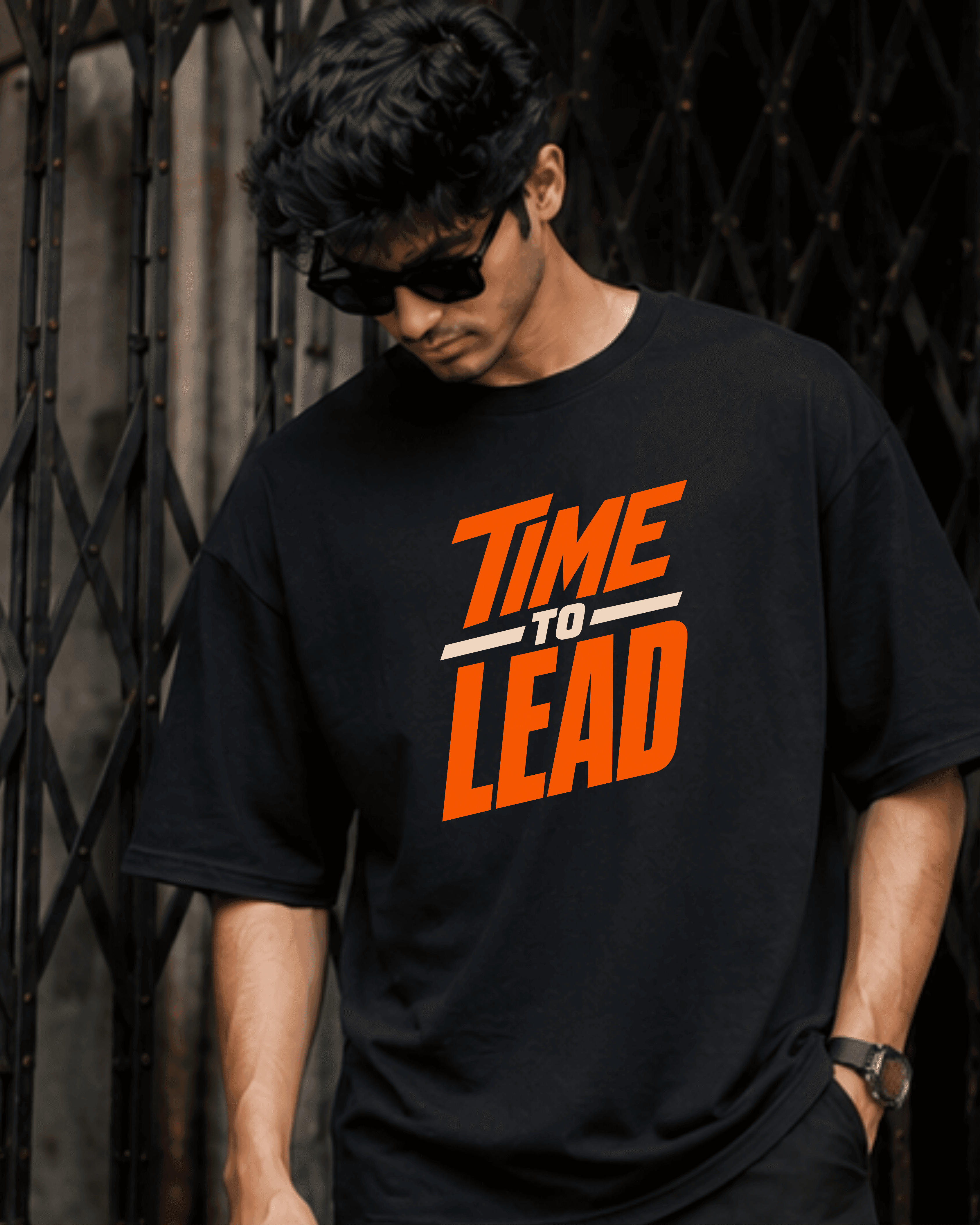 Black oversized t-shirt with "Time To Lead" print