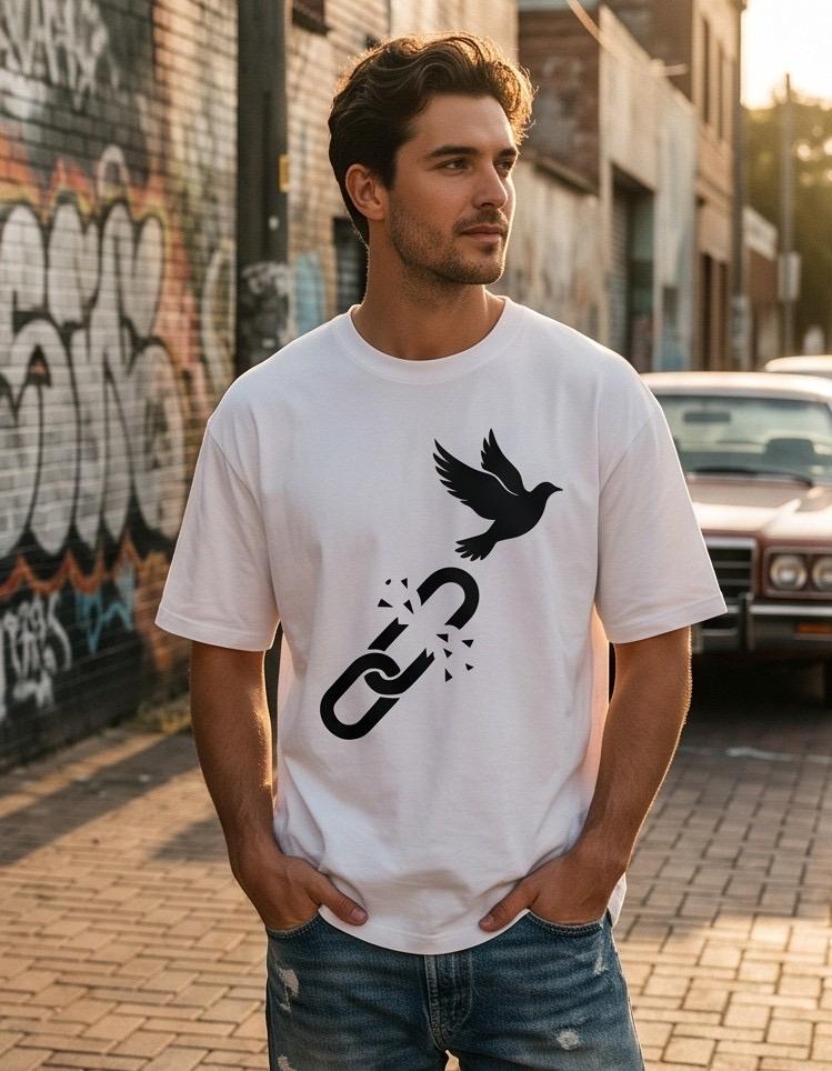White t-shirt with broken chain and dove graphic