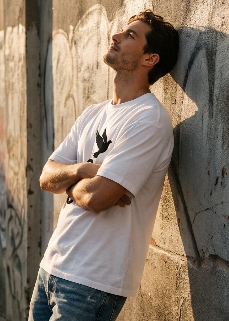 Man in white t-shirt with dove print and blue jeans