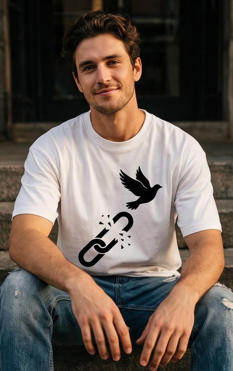 White t-shirt with broken chain and flying bird graphic