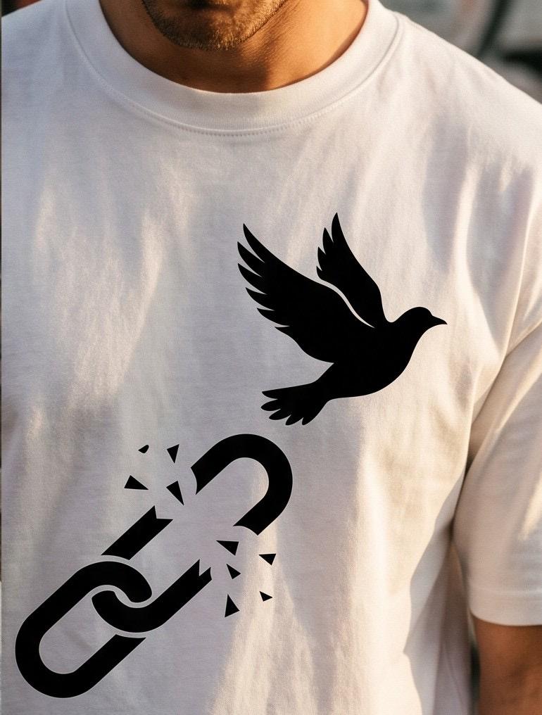 White t-shirt with broken chain and flying dove graphic
