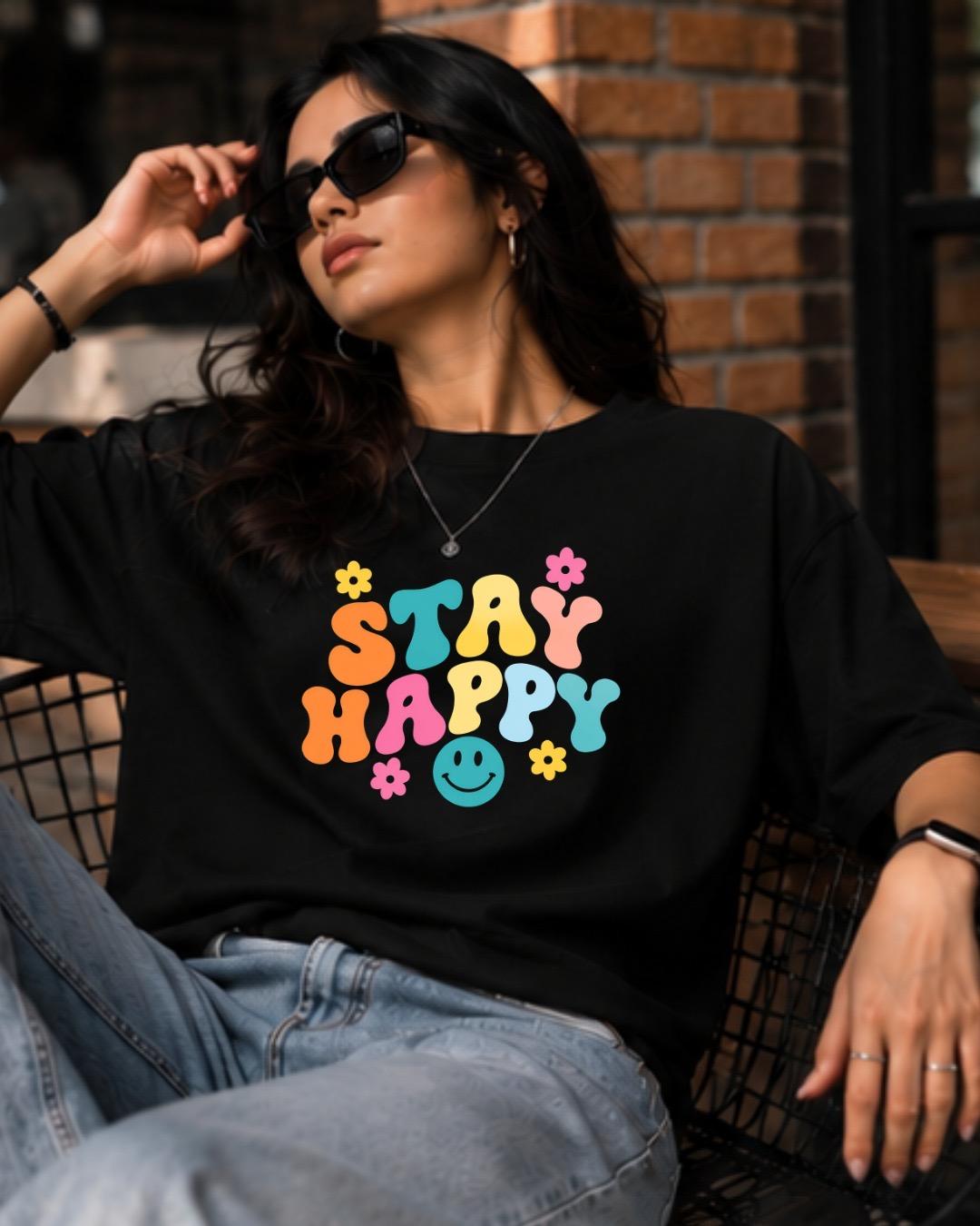 Black t-shirt with colorful Stay Happy text