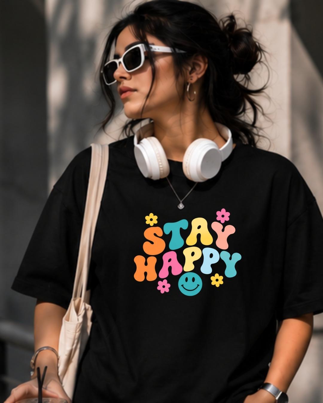 Black t-shirt with colorful Stay Happy graphic