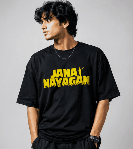 Black t-shirt with yellow "Jana Nayagan" text and crowd graphic