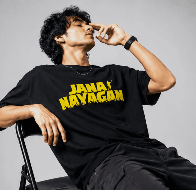 Black t-shirt with yellow "JANA NAYAGAN" text