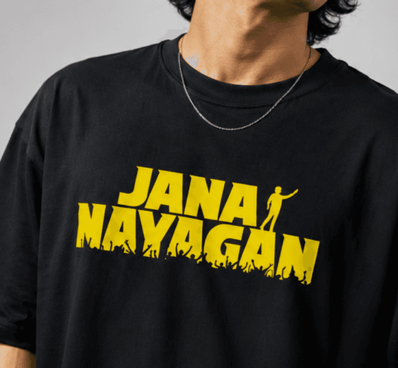 Black t-shirt with yellow "Jana Nayagan" print