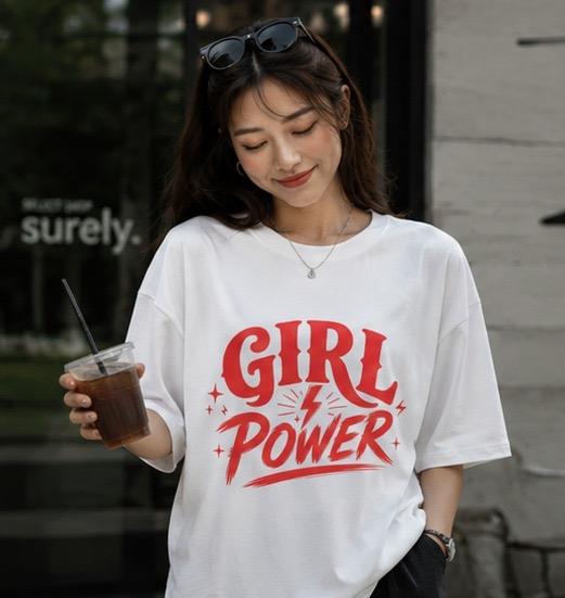 White oversized t-shirt with red "Girl Power" graphic
