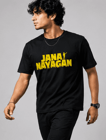 Black t-shirt with yellow "JANA NAYAGAN" print