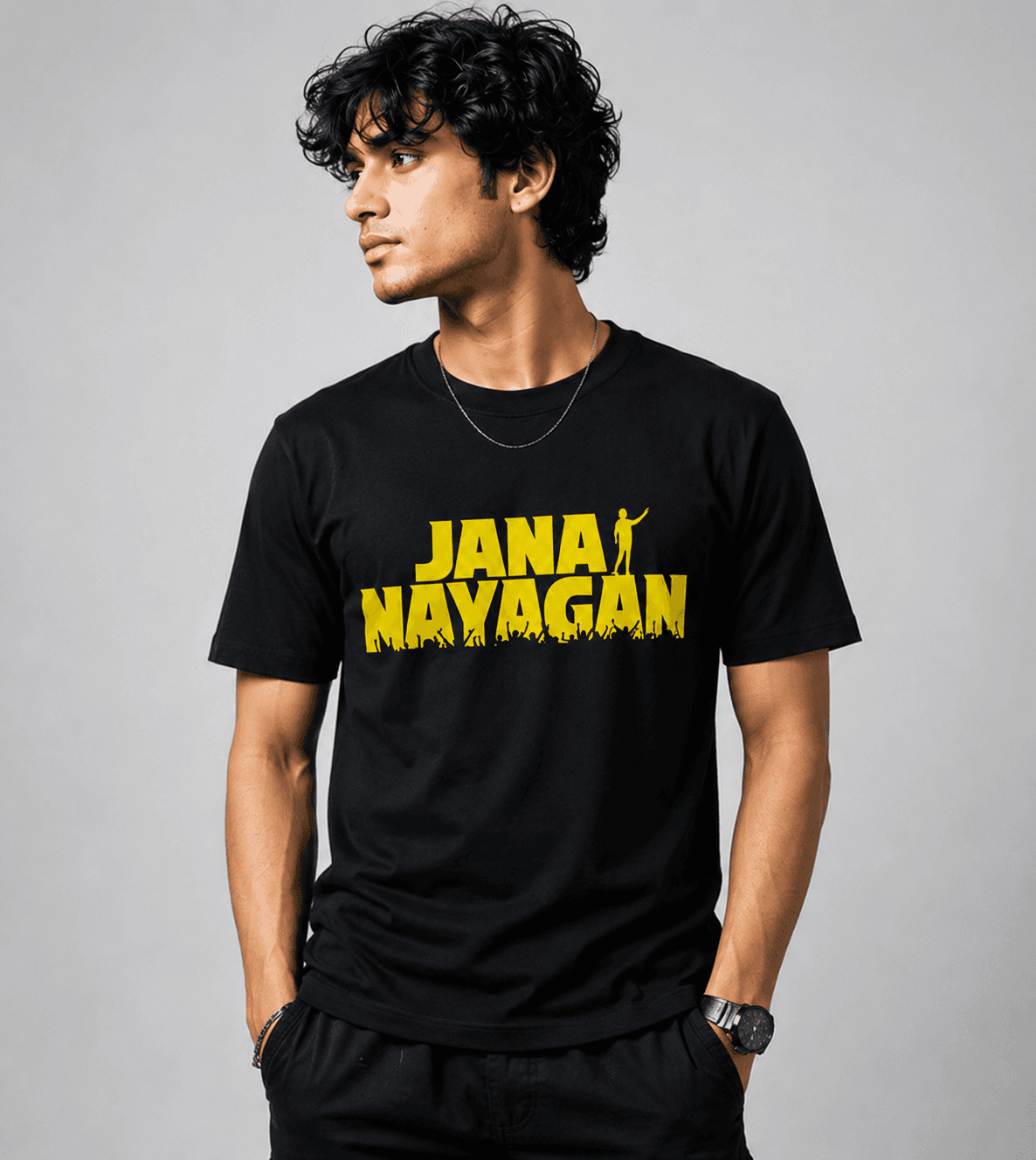 Black t-shirt with yellow "Jana Nayagan" text, male model