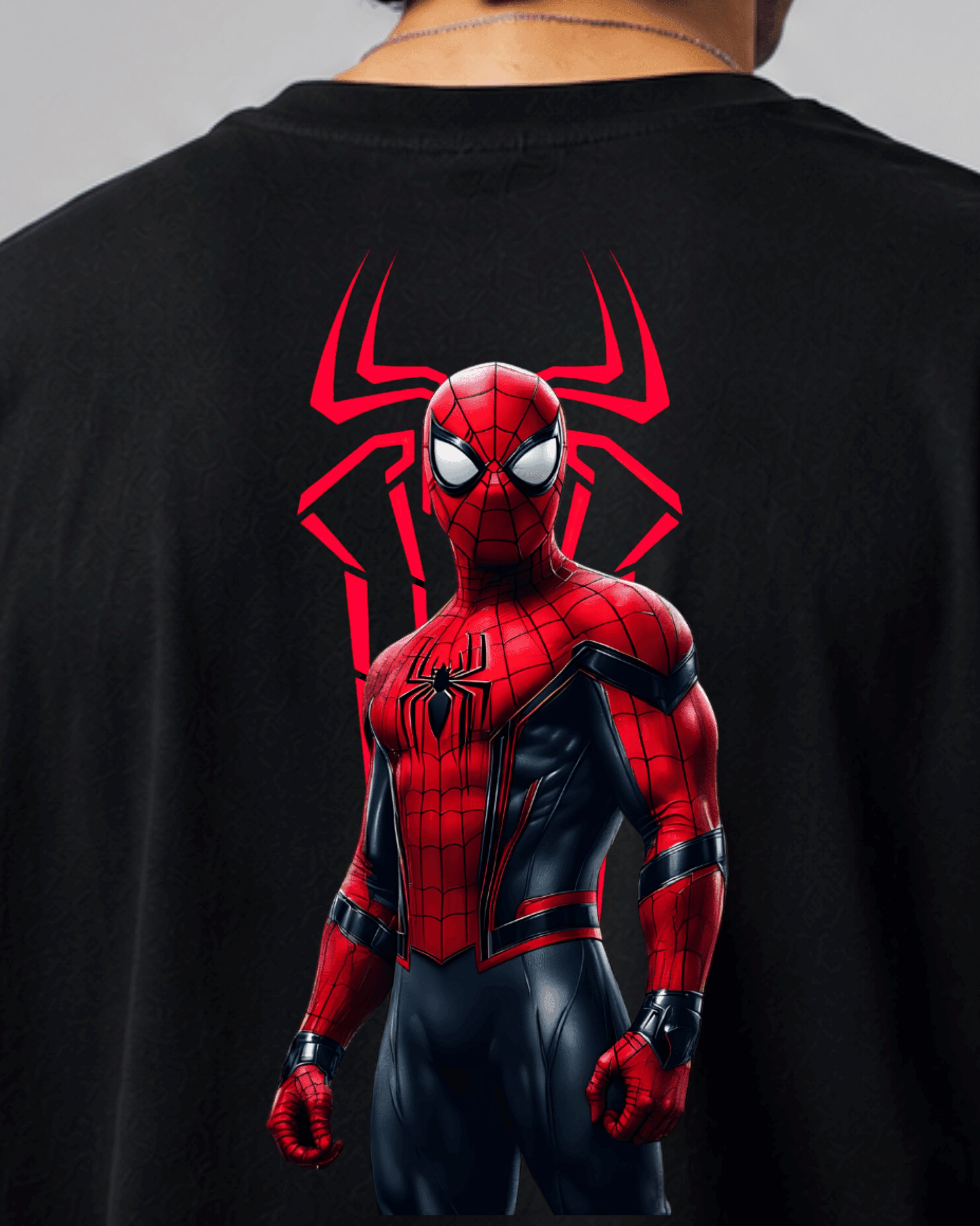 Black t-shirt with red Spider-Man design on back