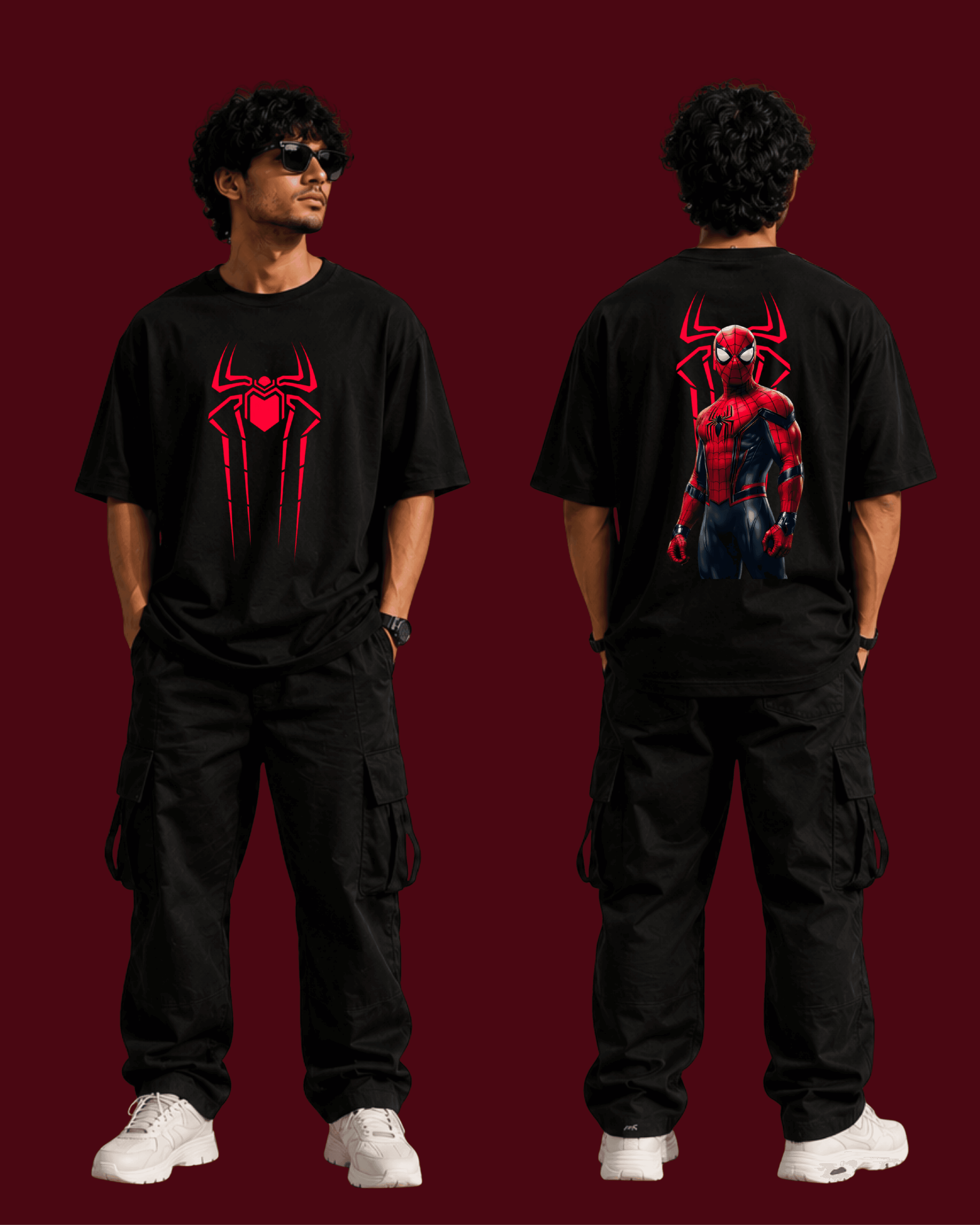 Black Spider-Man graphic tee and cargo pants