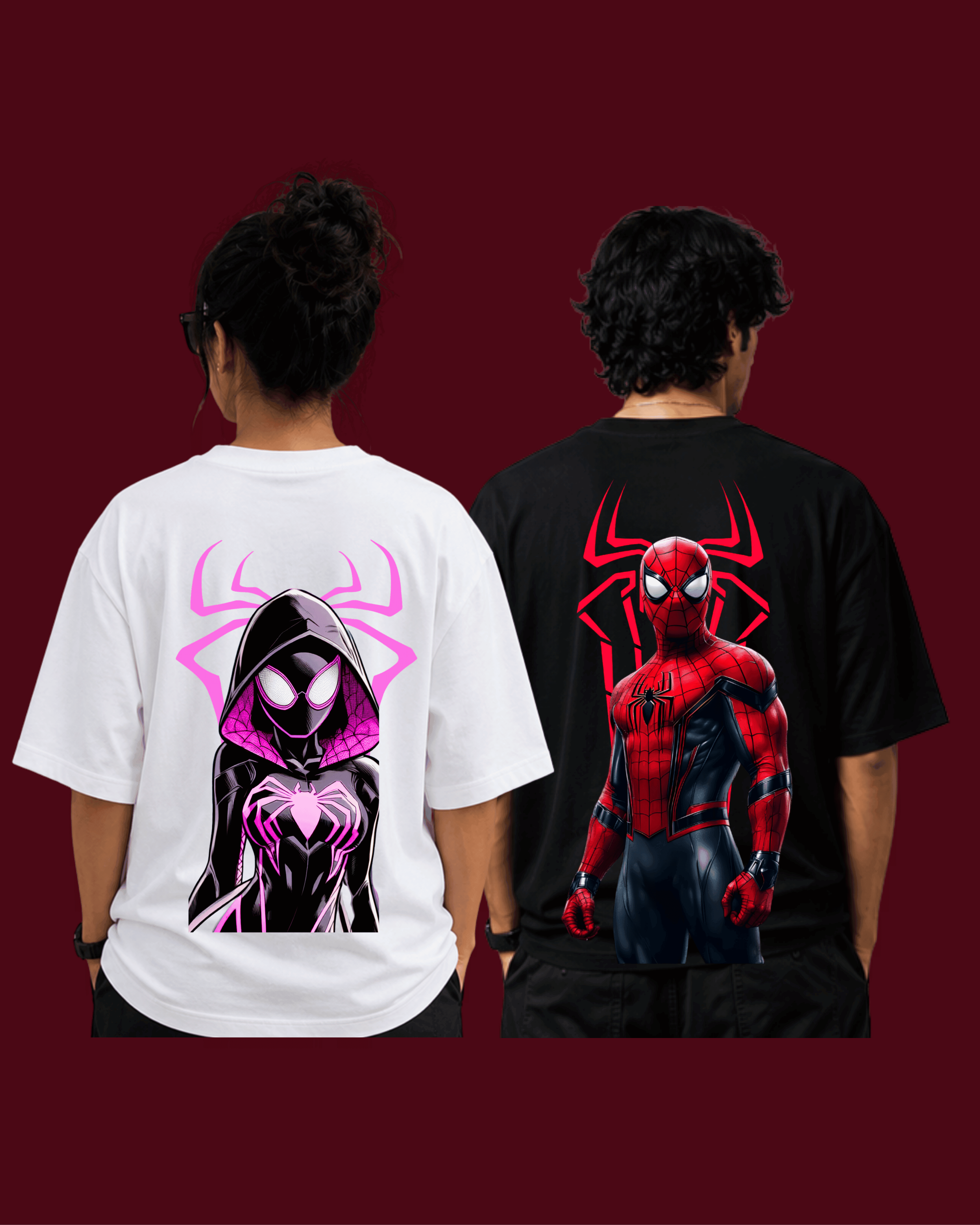 White and black Spider-Man themed oversized t-shirts