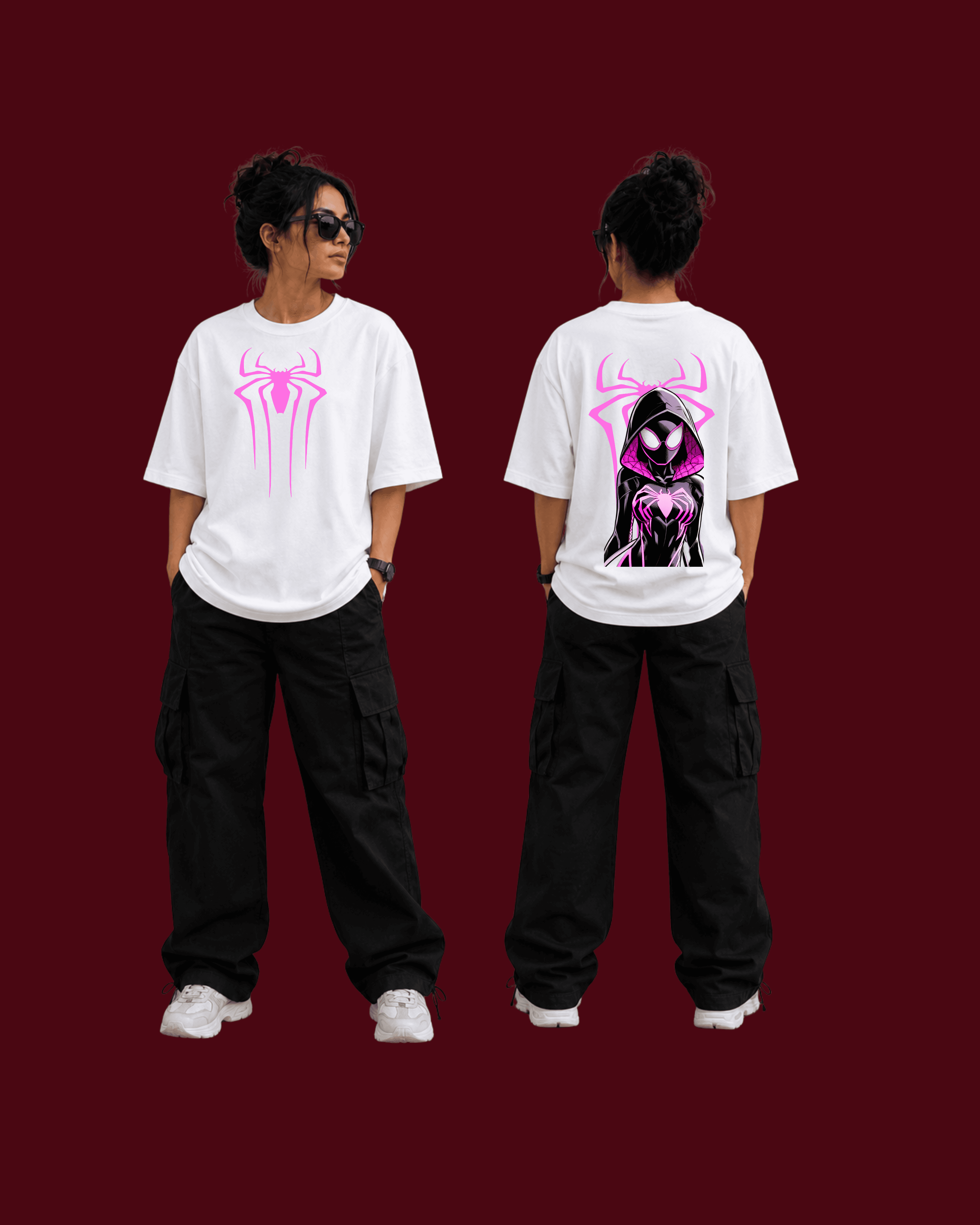 White oversized t-shirt with pink Spider-Gwen print, black cargo pants