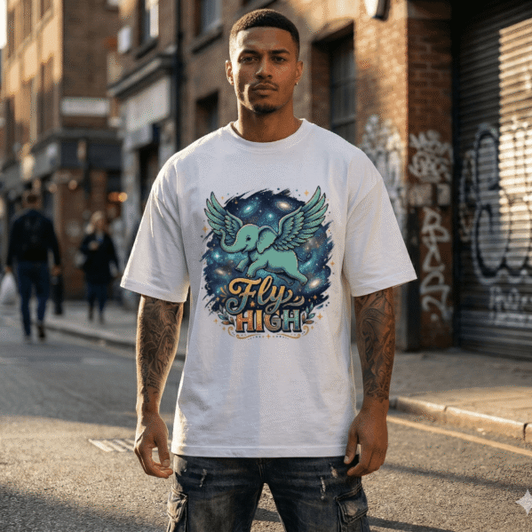 "Fly High" Galactic Elephant Oversized Tee – Streetwear Edition